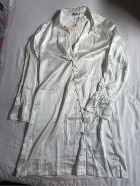 Our Day Of White Satin Button-Front Sleep Dress